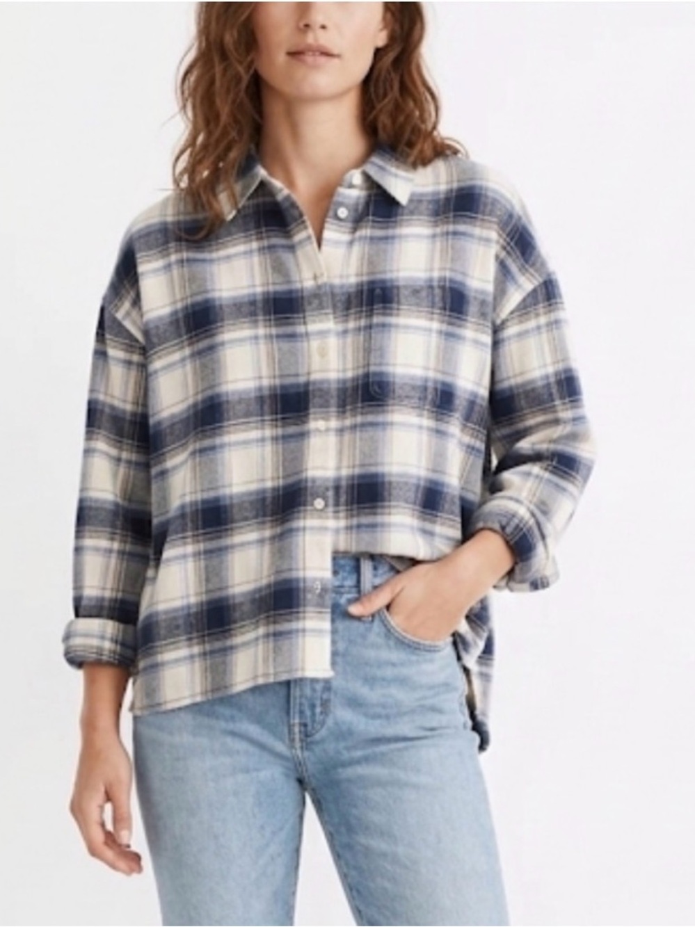 Madewell Westlake Boxy Flannel Shirt Plaid Navy Cream S